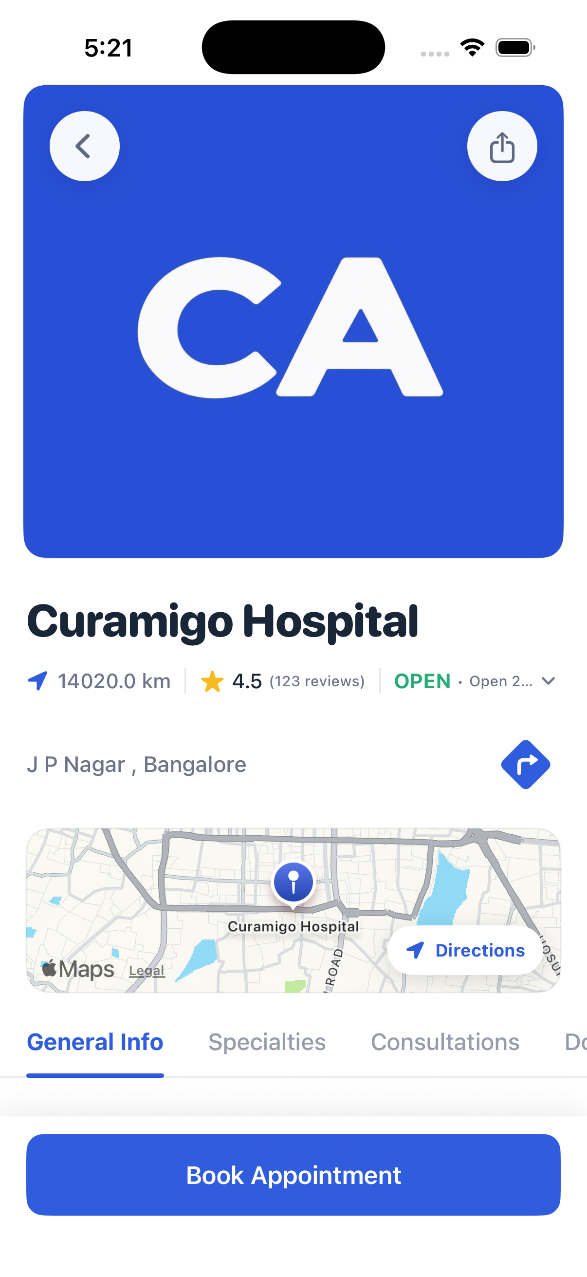 Curamigo Hospital profile showing rating, location, map and a Book Appointment action