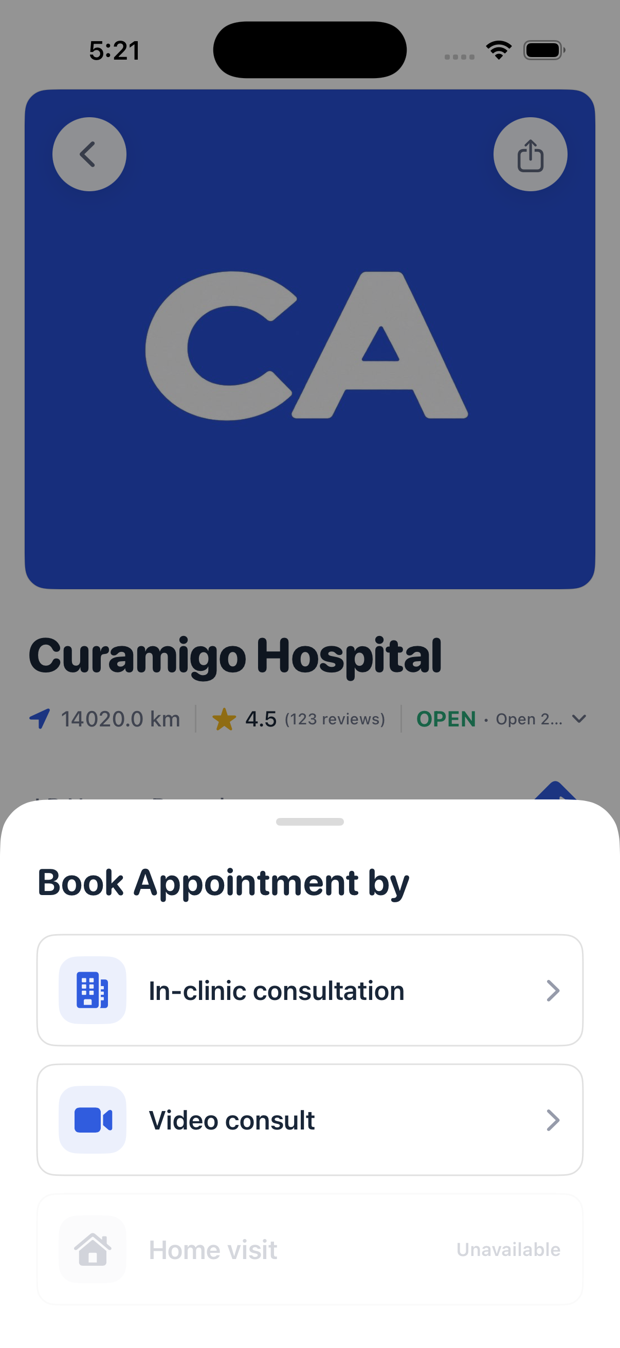 Book Appointment by sheet offering in-clinic consultation, video consult and home visit