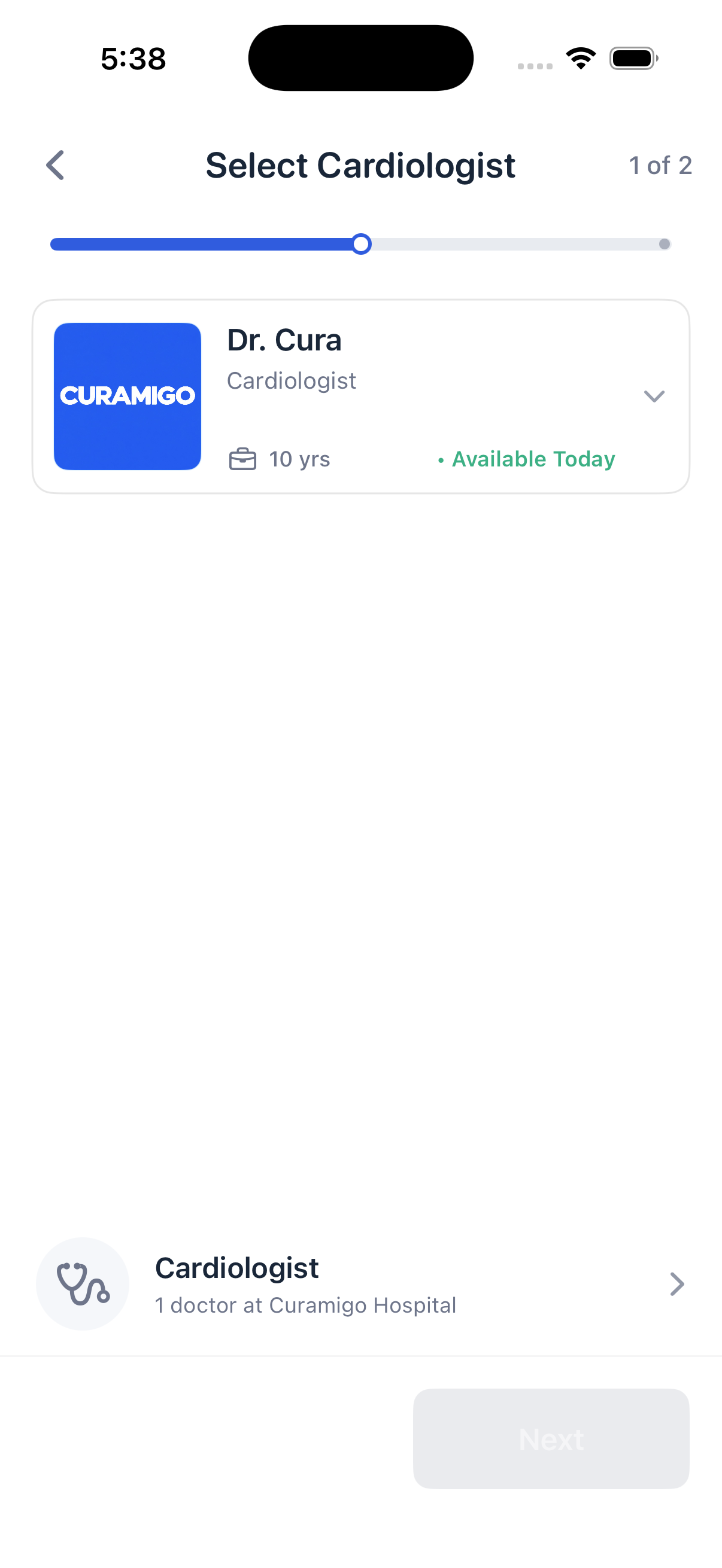 Select Cardiologist screen showing the doctor's experience and today's availability