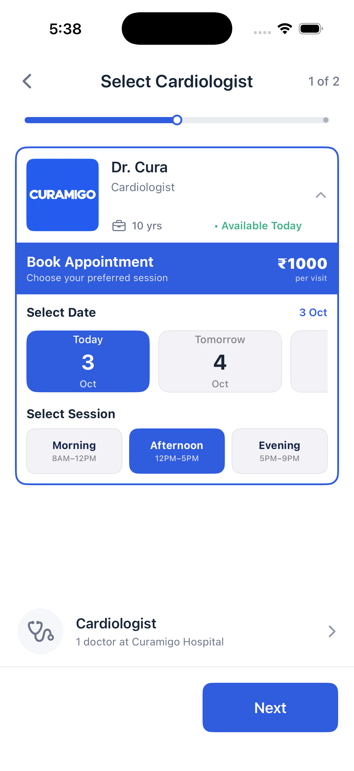 Date and session selection with morning, afternoon and evening options and the fee per visit