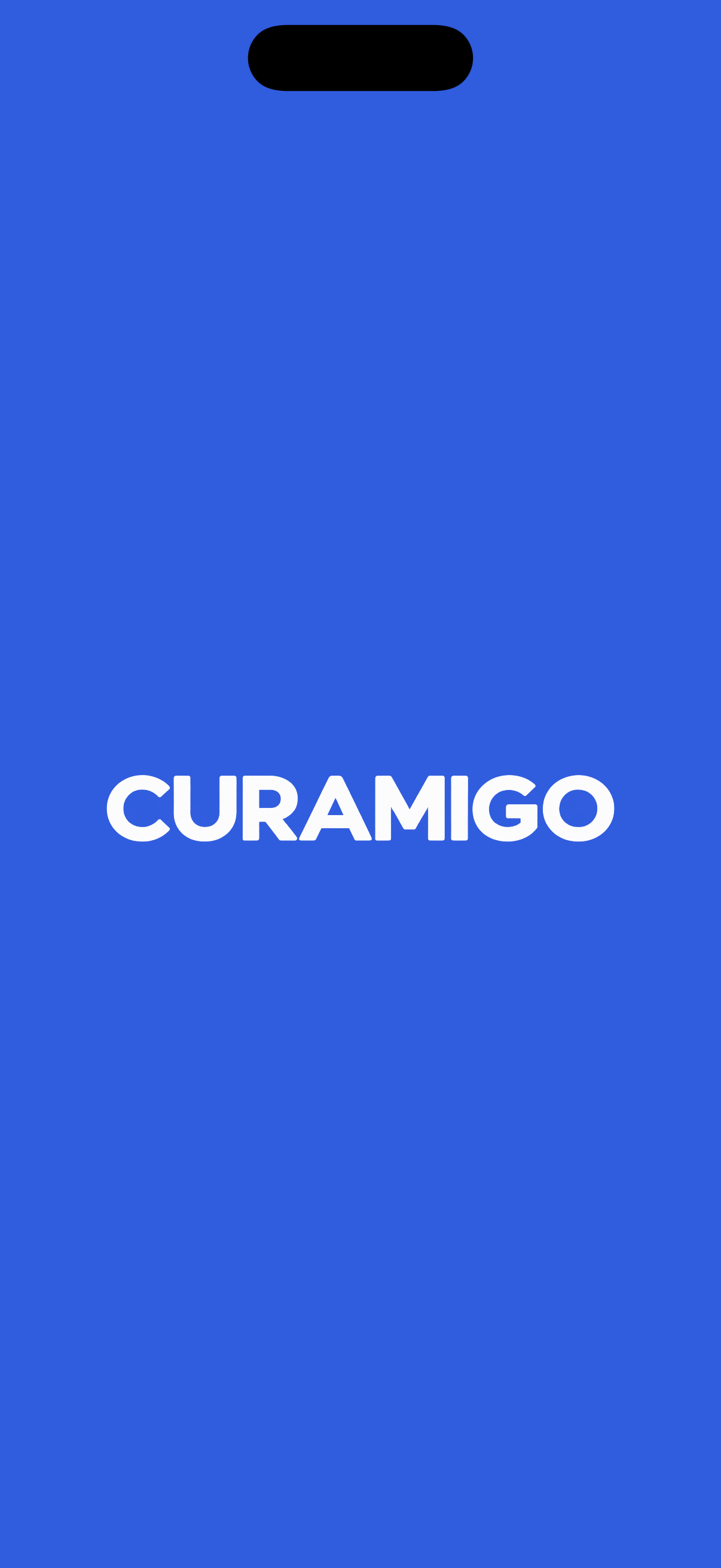 Curamigo app launch screen with a white Curamigo wordmark on royal blue