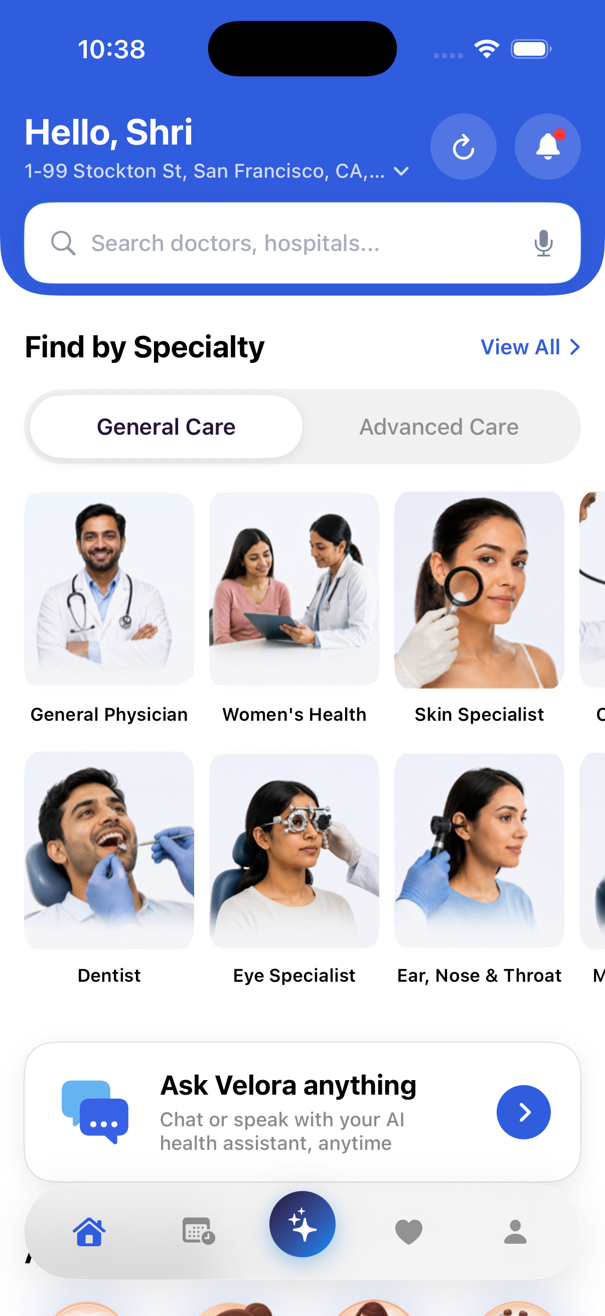 Curamigo App showing doctor and hospital search, care categories, and the Velora health assistant