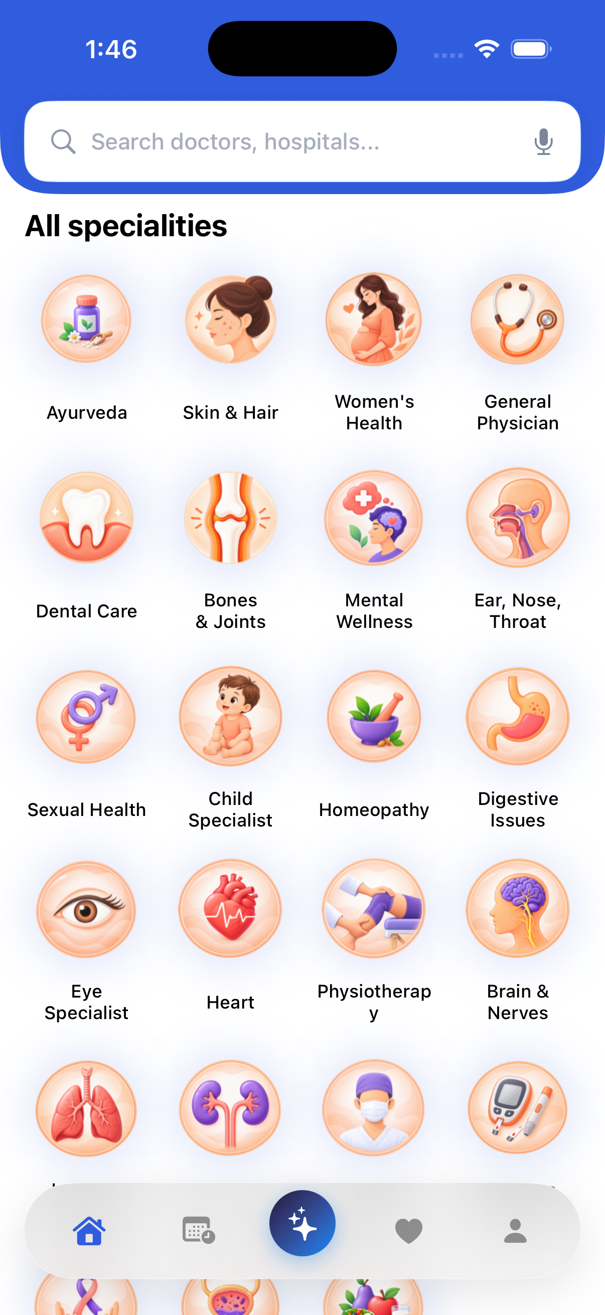 Curamigo App screen showing specialist categories including general physician, women's health, skin and hair, dental, eye, heart and other care areas