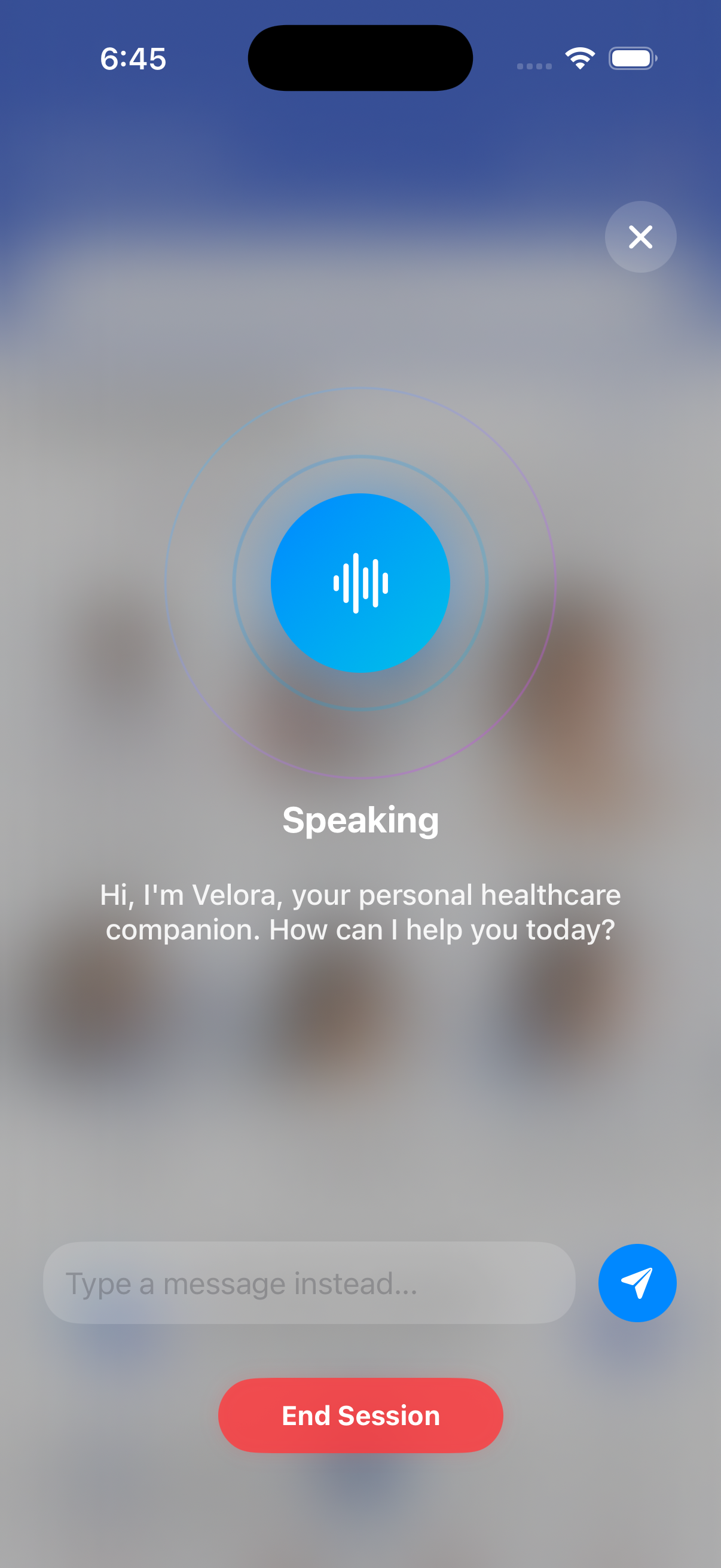 Curamigo App showing Velora AI in a voice conversation with an option to type a message instead